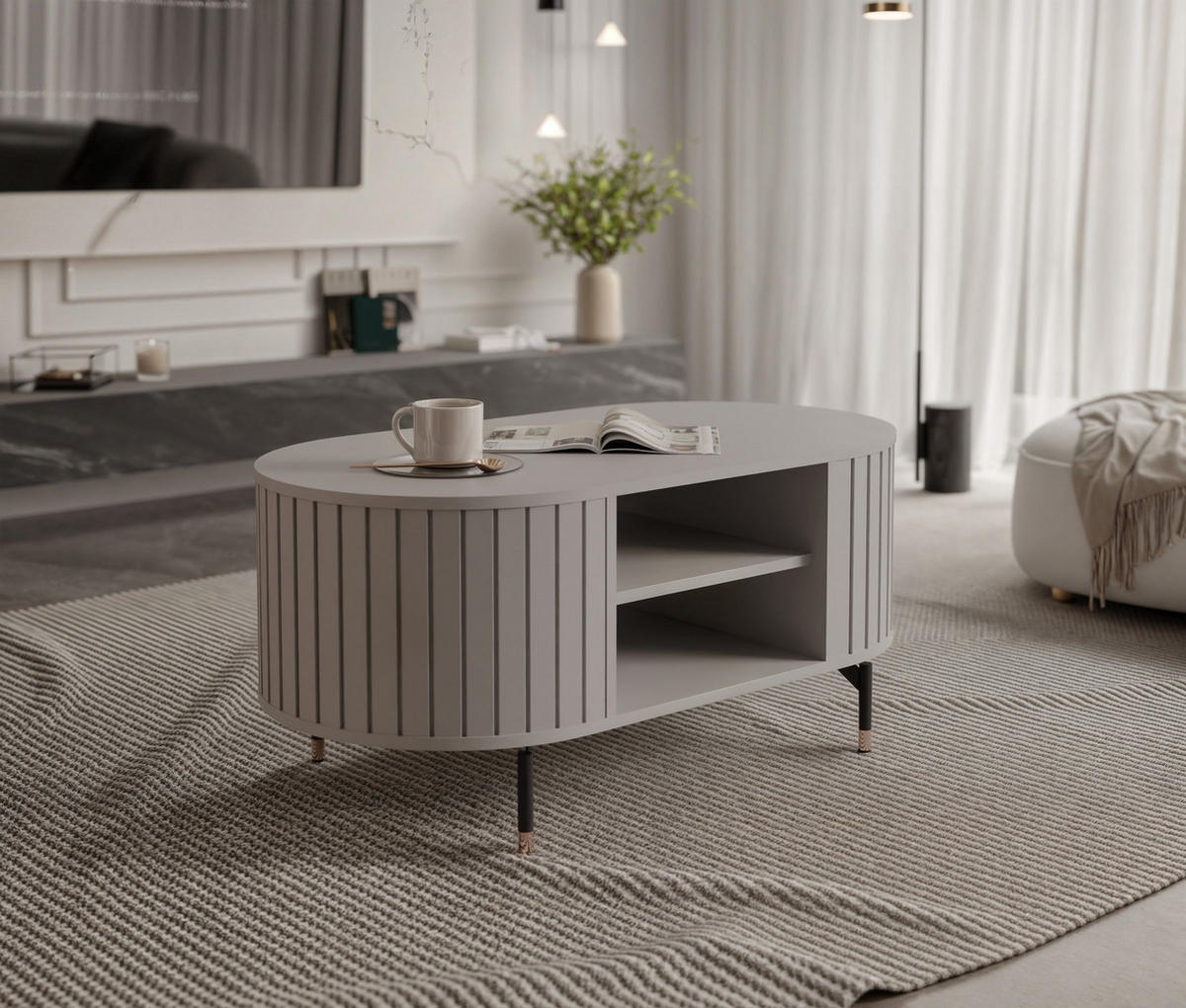 COUCHTISCH geriffelt, mit Ablage, Kaschmir - Kaschmir, Holzwerkstoff (47/104/56cm) - Idohome