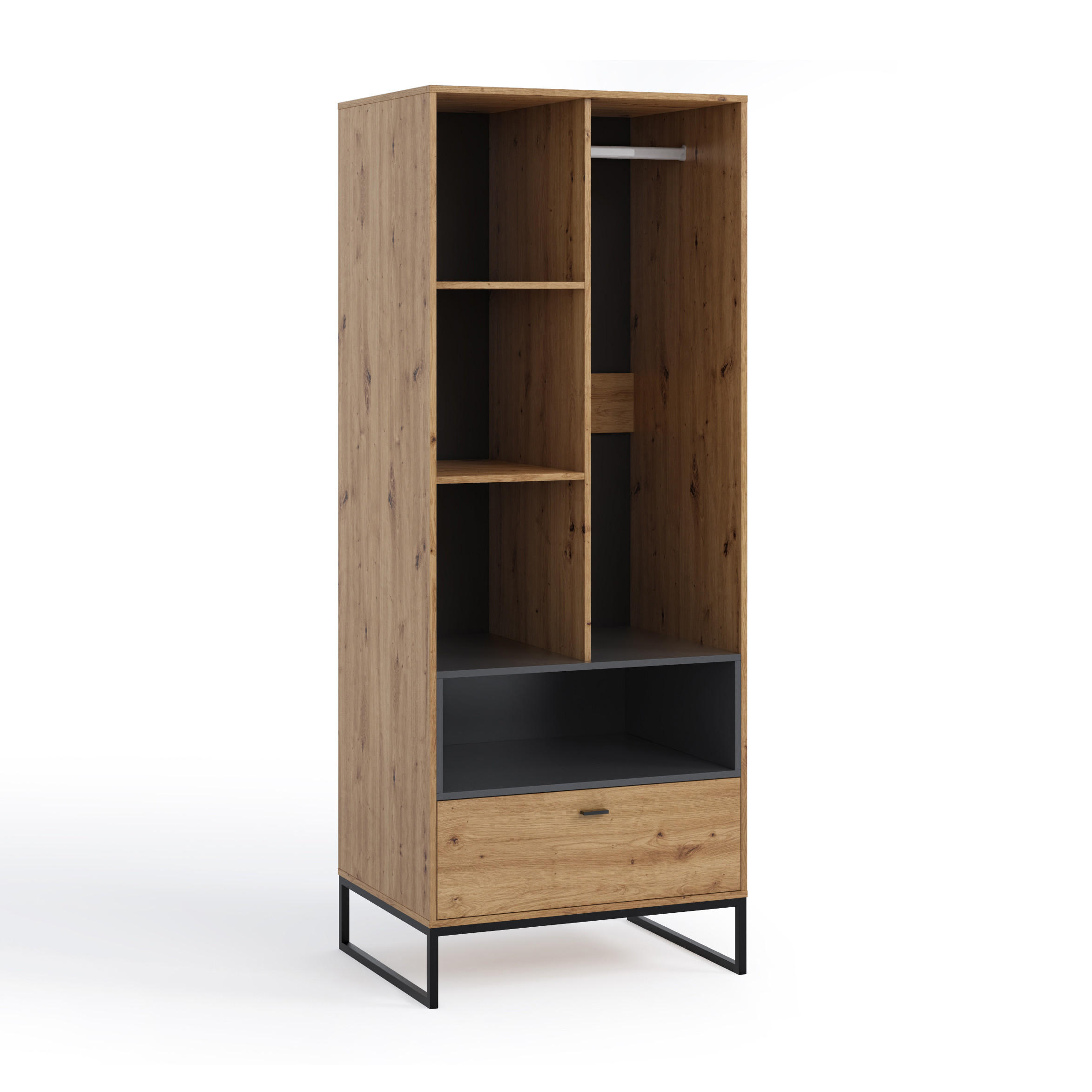 DREHTÜRENSCHRANK OMAN mit 2 Türen und 1 Schublade, eiche Artisan+Schwarz - Schwarz/Eiche Artisan, Holzwerkstoff/Metall (80/202/60cm) - Beautysofa