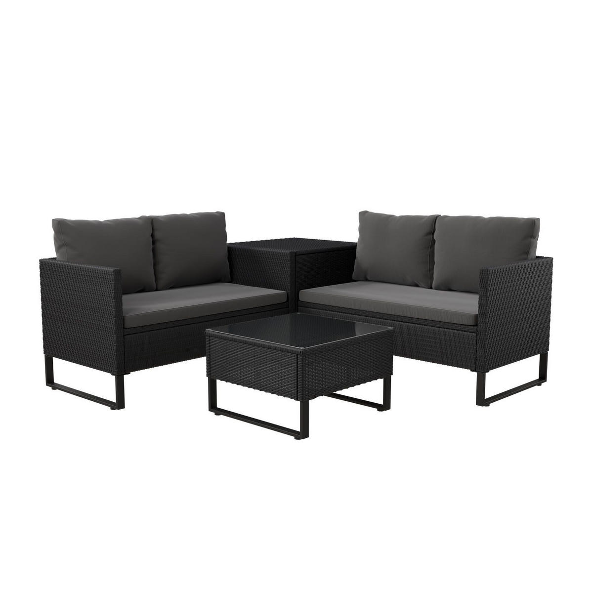 LOUNGEGARNITUR Santorini schwarz / grau inkl. Abdeckung - Schwarz, Kunststoff/Metall - Juskys