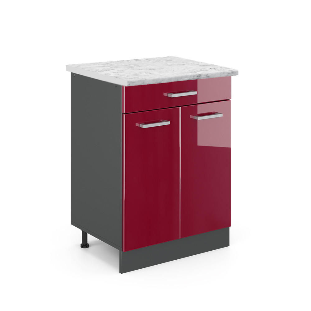 KÜCHENUNTERSCHRANK R-Line Rot Hochglanz 60 cm AP Marmor - Bordeaux/Anthrazit, Holzwerkstoff (60/81.6/60cm) - Vicco