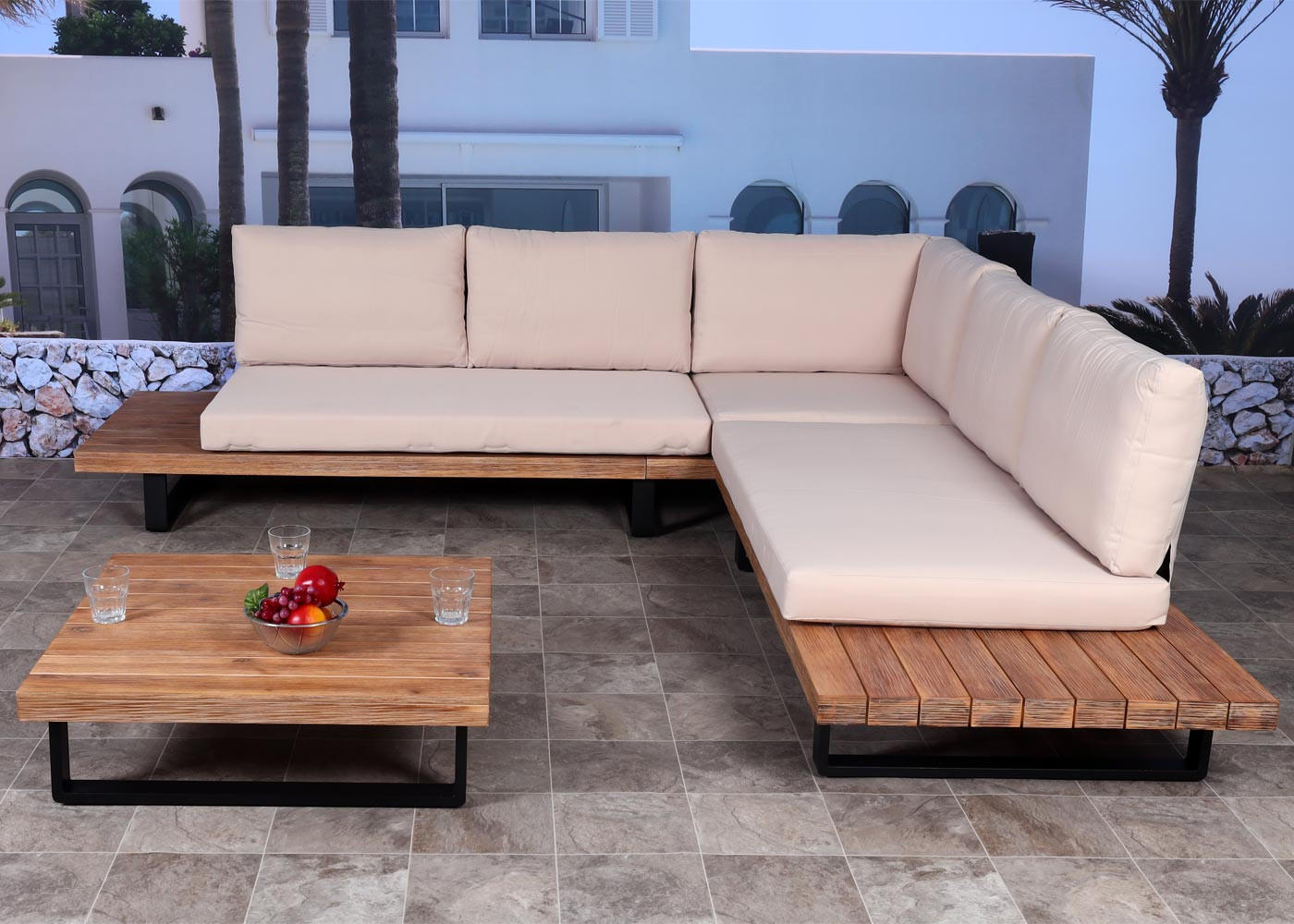 GARTEN-GARNITUR Schwarz, Braun, Beige - Beige/Schwarz, Holz - MCW