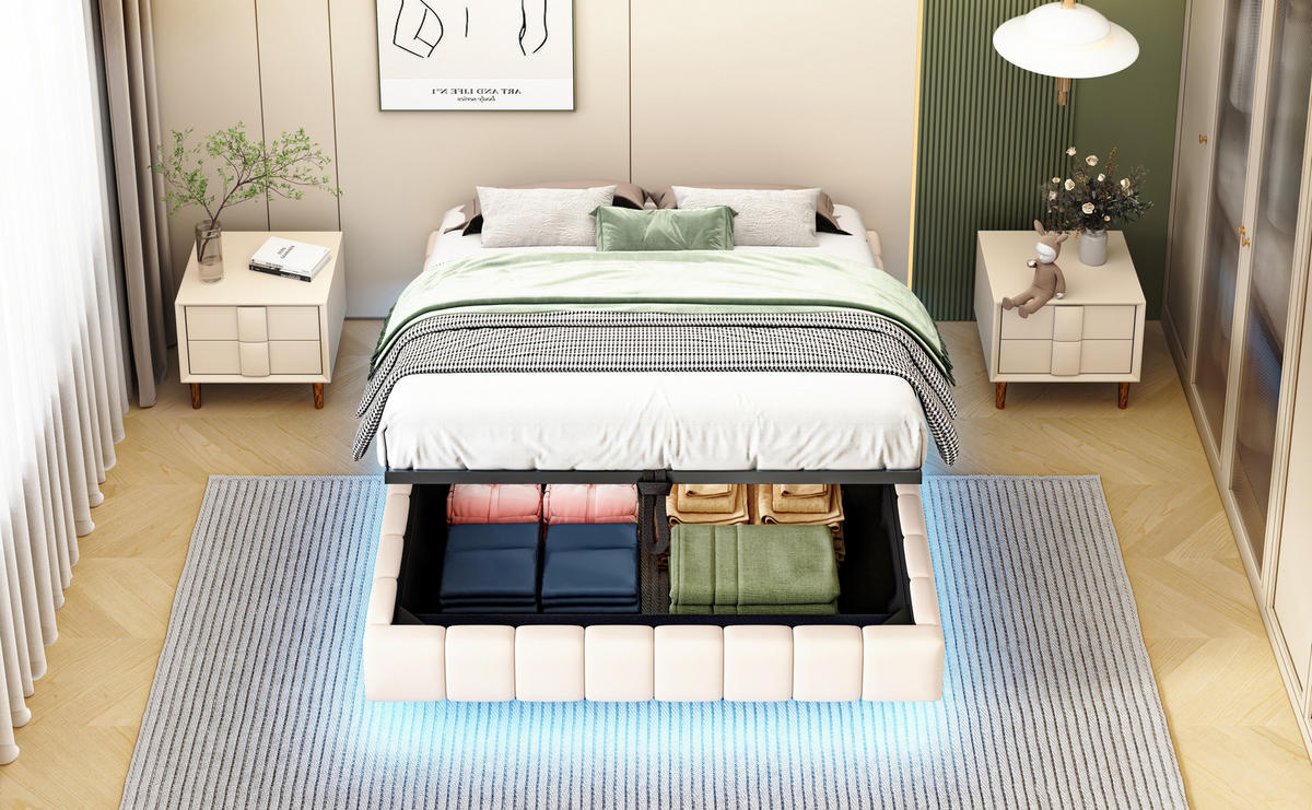 POLSTERBETT 140x200 cm LED Stauraum beige - Beige, Textil (140/200cm) - Fortuna Lai