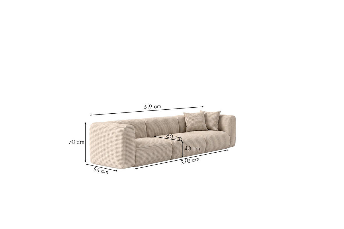 SOFA 3-Sitzer, Chenille-Stoff Cremona, Creme, GRETA - Creme, Holz (319/70/89cm) - Kaiser Möbel