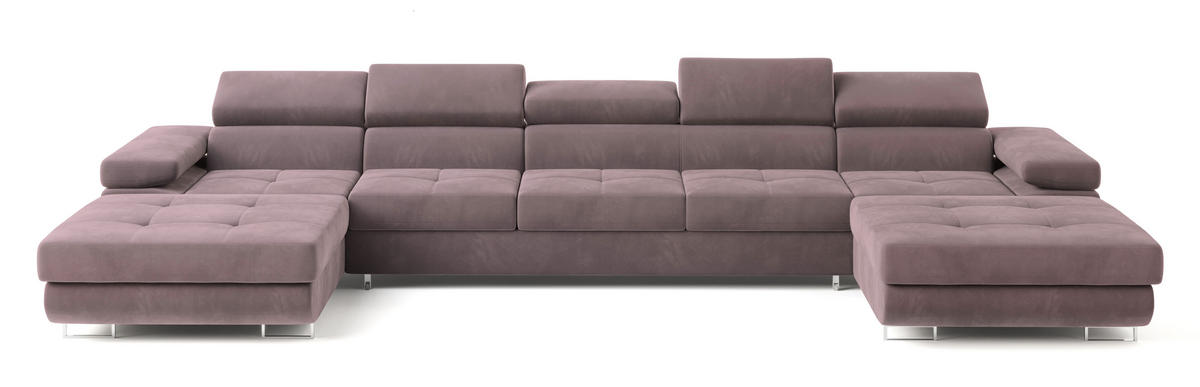 WOHNLANDSCHAFT OMBRA Lila Velours-Stoff mit Schlaffunktion - Lila, Holz (425/90/202cm) - MASSENO