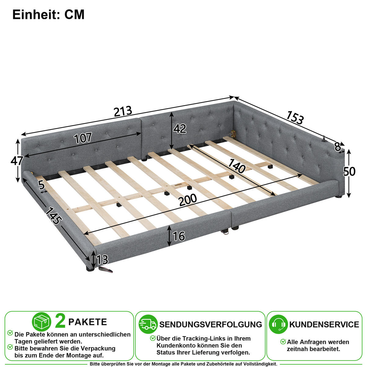 POSTELOVÝ RÁM 140/200 cm v šedé barvě s LED osvětlením, USB a Type-C - šedá, kompozitní dřevo/textil (140/200cm) - CHICFURN