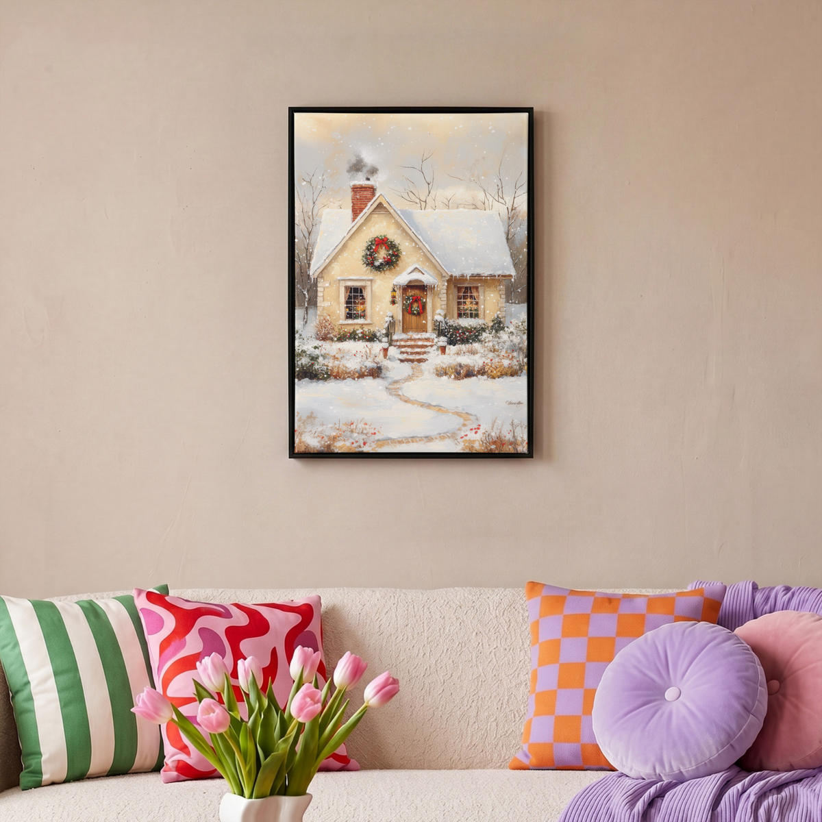 LEINWAND Bilder mit Rahmen - Weihnachten - Zuhause - Winter - Schnee - 40x60 - Creme, Textil (40/60cm) - MuchoWow