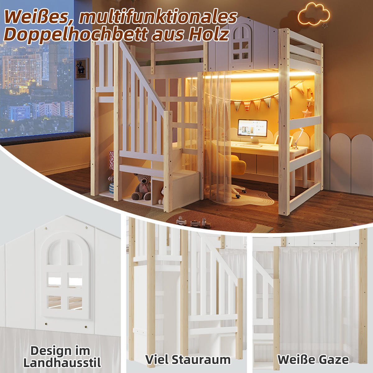 HOCHBETT 90/200 cm in Weiß & Natur mit LED, Ablageleiter und offenem Staufach - Weiß/Naturfarben, Holz/Holzwerkstoff (90/200cm) - STILVORA