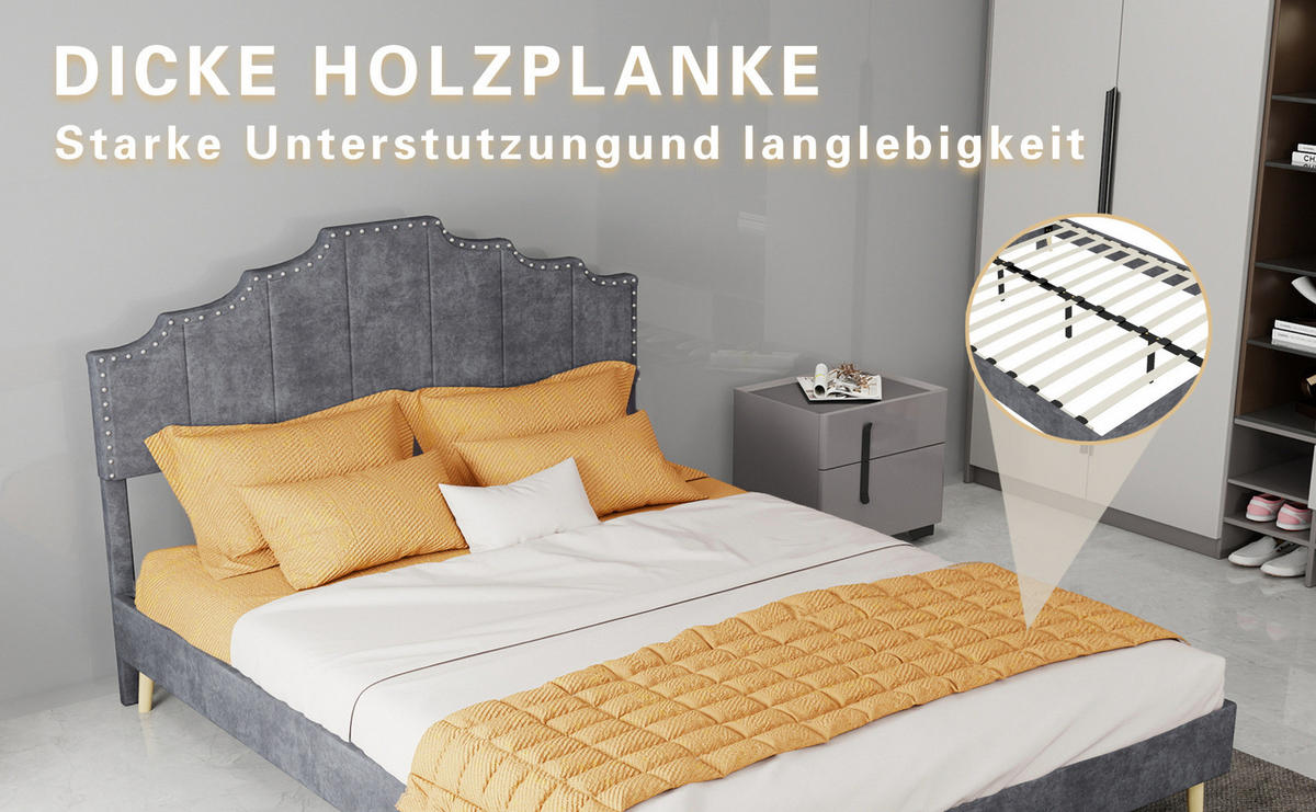 POLSTERBETT 140/200 cm mit geometrischem Kopfteil und Lattenrost, Hollandwollstoff, Grau - Grau, Textil (140/200cm) - Redom