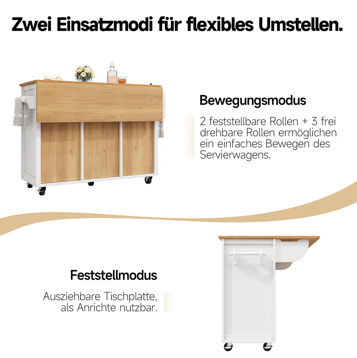 KÜCHENINSEL aus MDF und Metall 137,9x73x92,5 cm Weiß mit Klapptisch, Rollen und großem Stauraum - Weiß, Holzwerkstoff (137.9/92.5/73cm) - Modfu