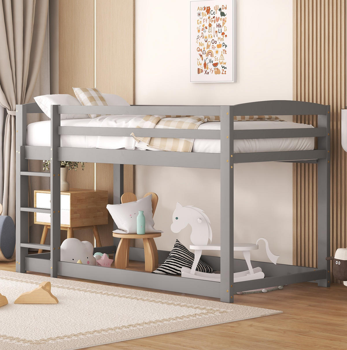 KATNI krevet od borovine 90x200 cm sivi niski profil, sa zaštitnom ogradom i uštedom prostora - siva, drvni materijal (90/200cm) - Modfu