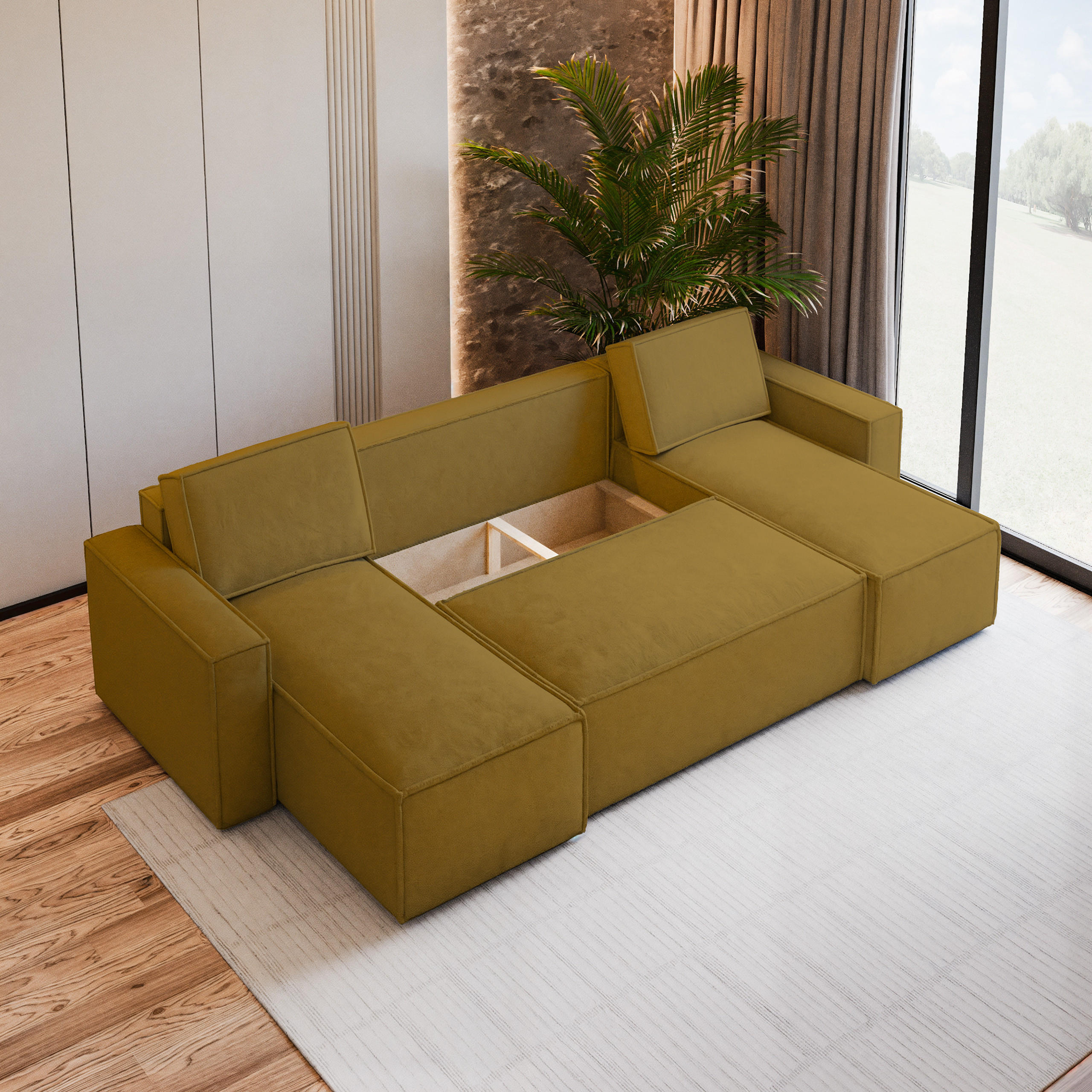 Thumbnail - Masseno Wohnlandschaft, Gelb, Holz, 5-Sitzer, U-Form, 306x85x140 cm, Wohnzimmer, Sofas & Couches, Wohnlandschaften, Wohn...