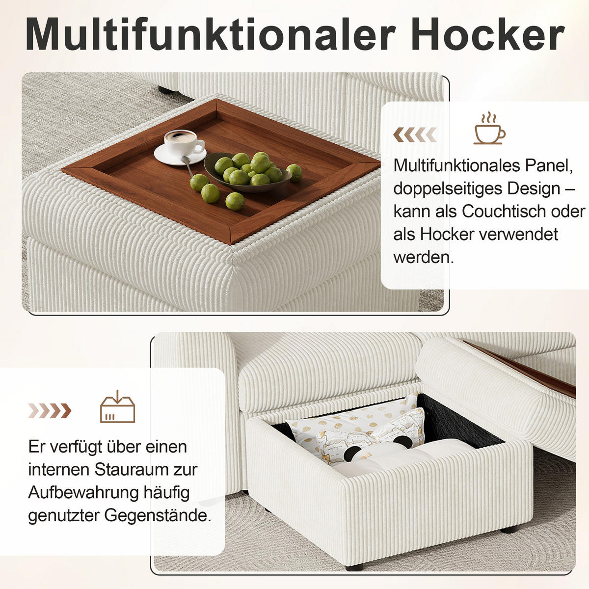 ECKSOFA 282/153/85 cm beige aus Cord mit Stauraumhocker - Beige, Textil (40/160cm) - OKWISH