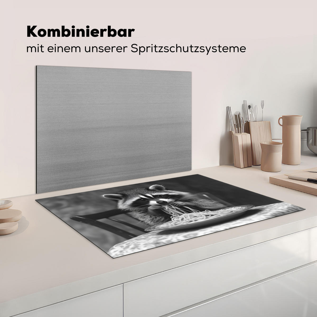 HERDABDECKPLATTE Waschbär - Niedlich - Pasta - Tischtuch - Schwarz - Weiß Induktionsmatte 81x52 cm - Grau, Kunststoff (81/52/0.2cm) - MuchoWow