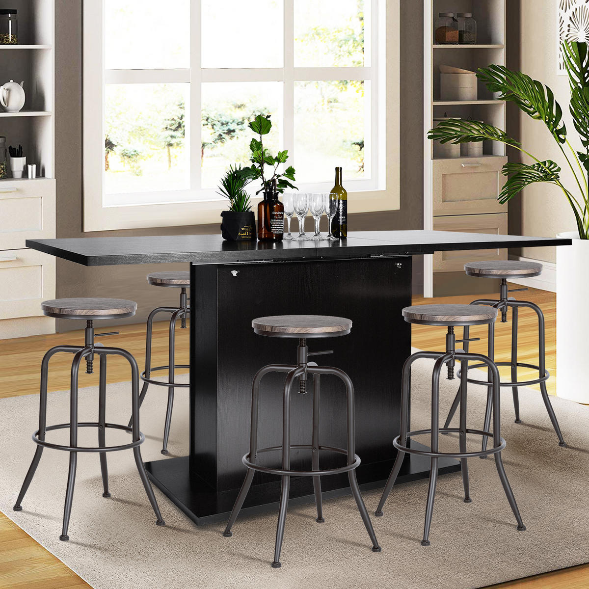 BARHOCKER 2er-Set Metallbeine, Holzkissen 38,5/38,5/68–76,5 cm - Alteiche/Schwarz, Metall (38/77/39cm) - Urban Meuble