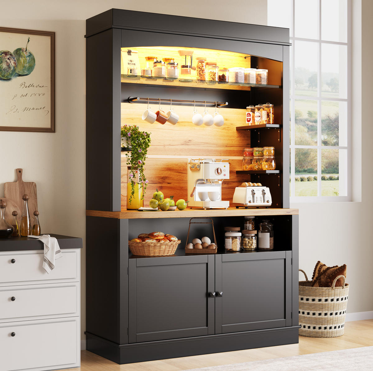 BUFFET 107/43/184 cm in Schwarz mit LED-Beleuchtung und viel Stauraum - Schwarz, Holzwerkstoff (107/184/43cm) - Flora Grace