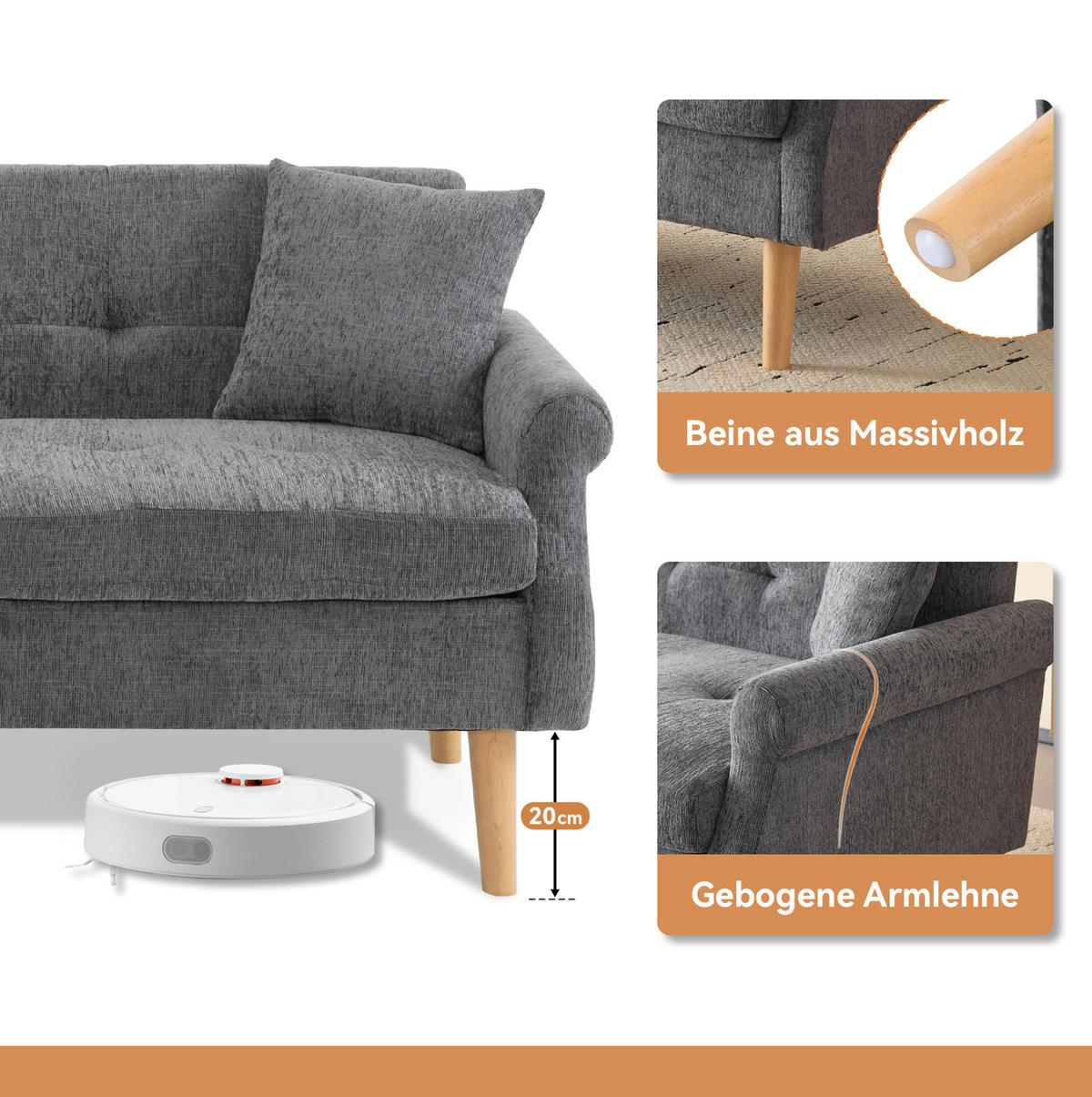 2-SITZER Sofa Chenille mit 15 cm Sitzkissen und Massivholzbeinen 162/74/77 cm Grau - Grau, Textil (77/162/74cm) - Redom