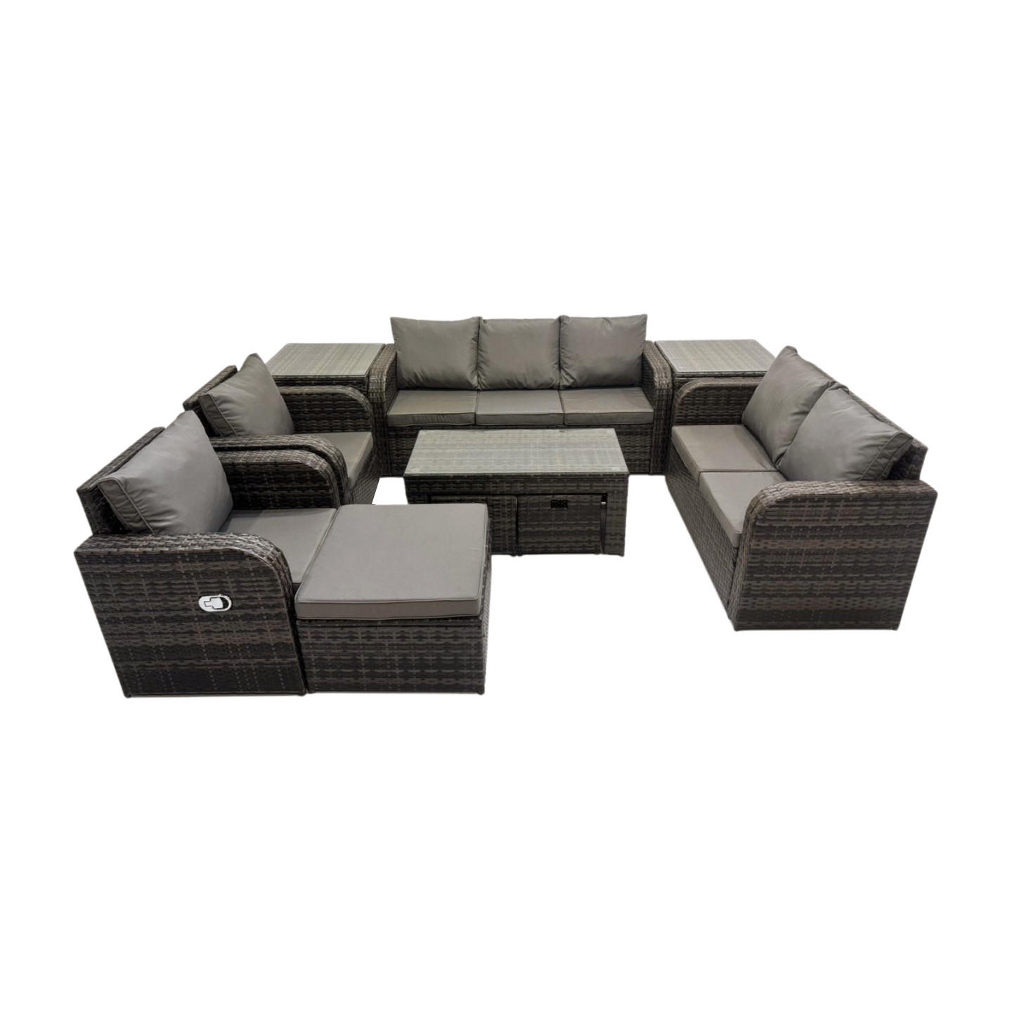 GARTENSOFA SET mit rechteckigem COUCHTISCH Polyrattan 10-Sitzer Dunkelgrau - Dunkelgrau/Grau, Glas/Kunststoff - Fimous