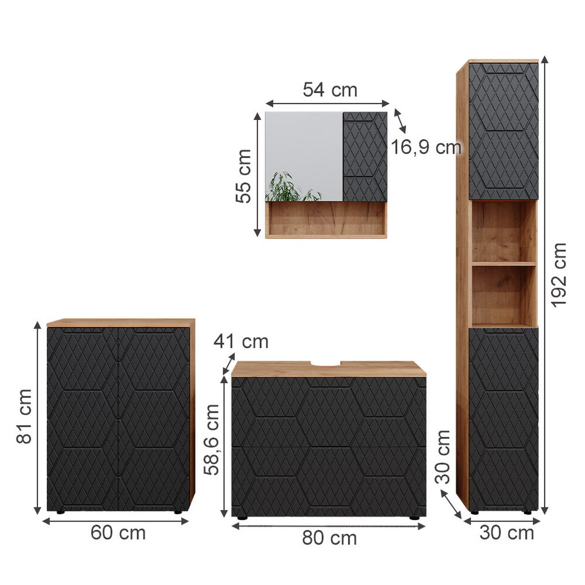 BADMÖBEL-SET Irma Anthrazit gestreift 4 Teile - Honigeiche/Anthrazit, Holzwerkstoff (80/58/41cm) - Vicco