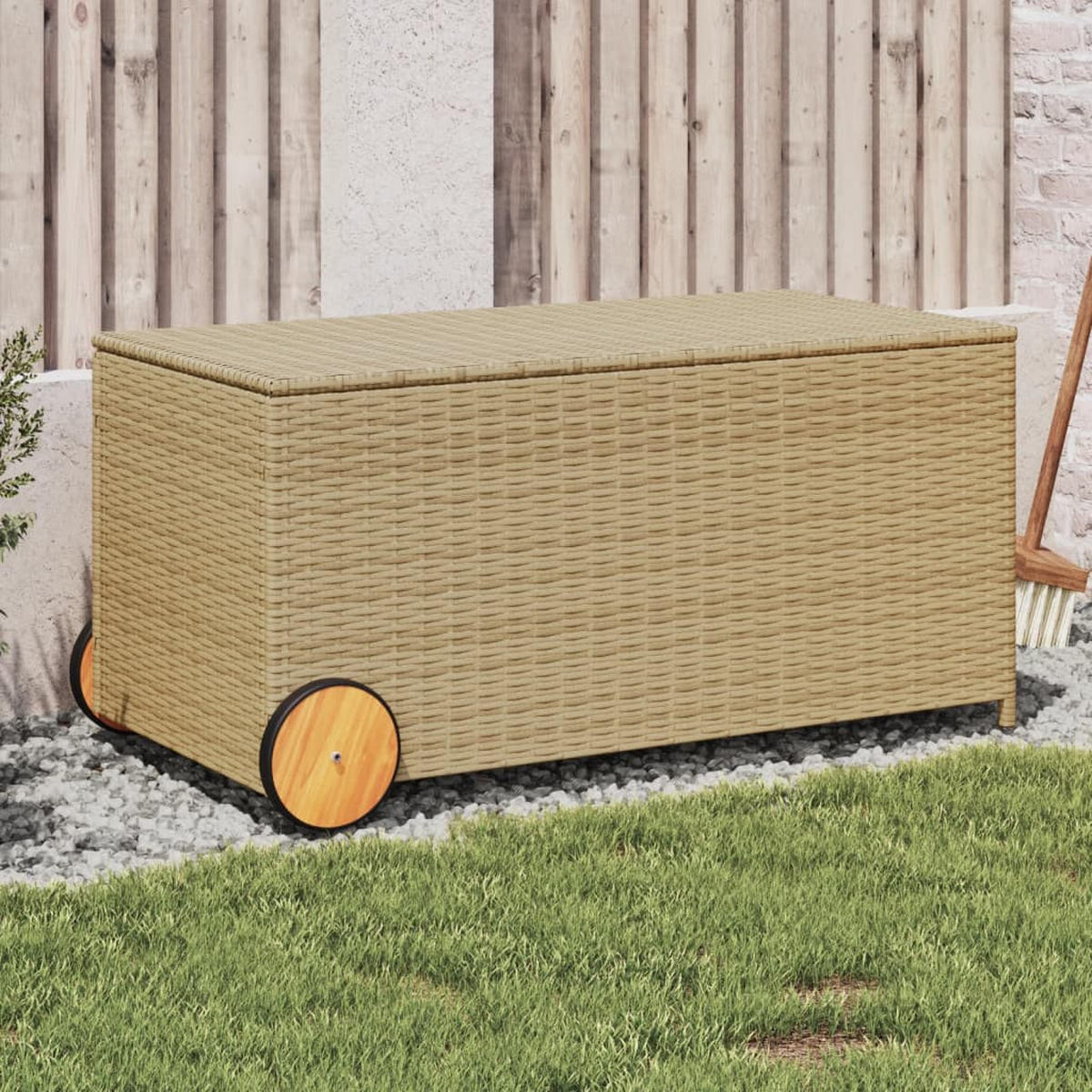 GARTENTRUHE mit Rollen Beige 190L Poly Rattan - Beige, Kunststoff (107/100/55cm) - furnicato