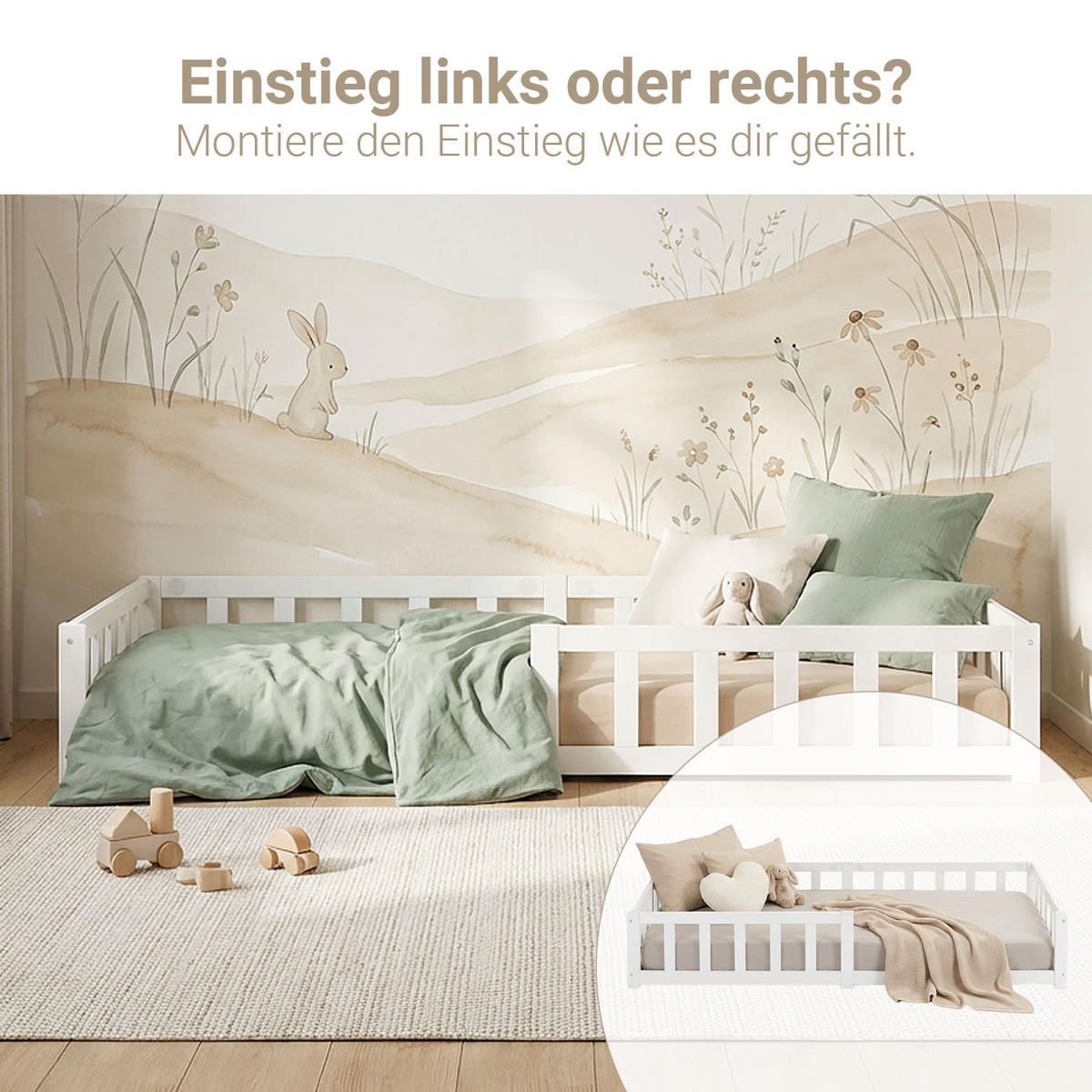 BODENBETT weiß 90x200 cm mit Lattenrost + Matratze - Weiß, Holz (90/200cm) - Homestyle4u