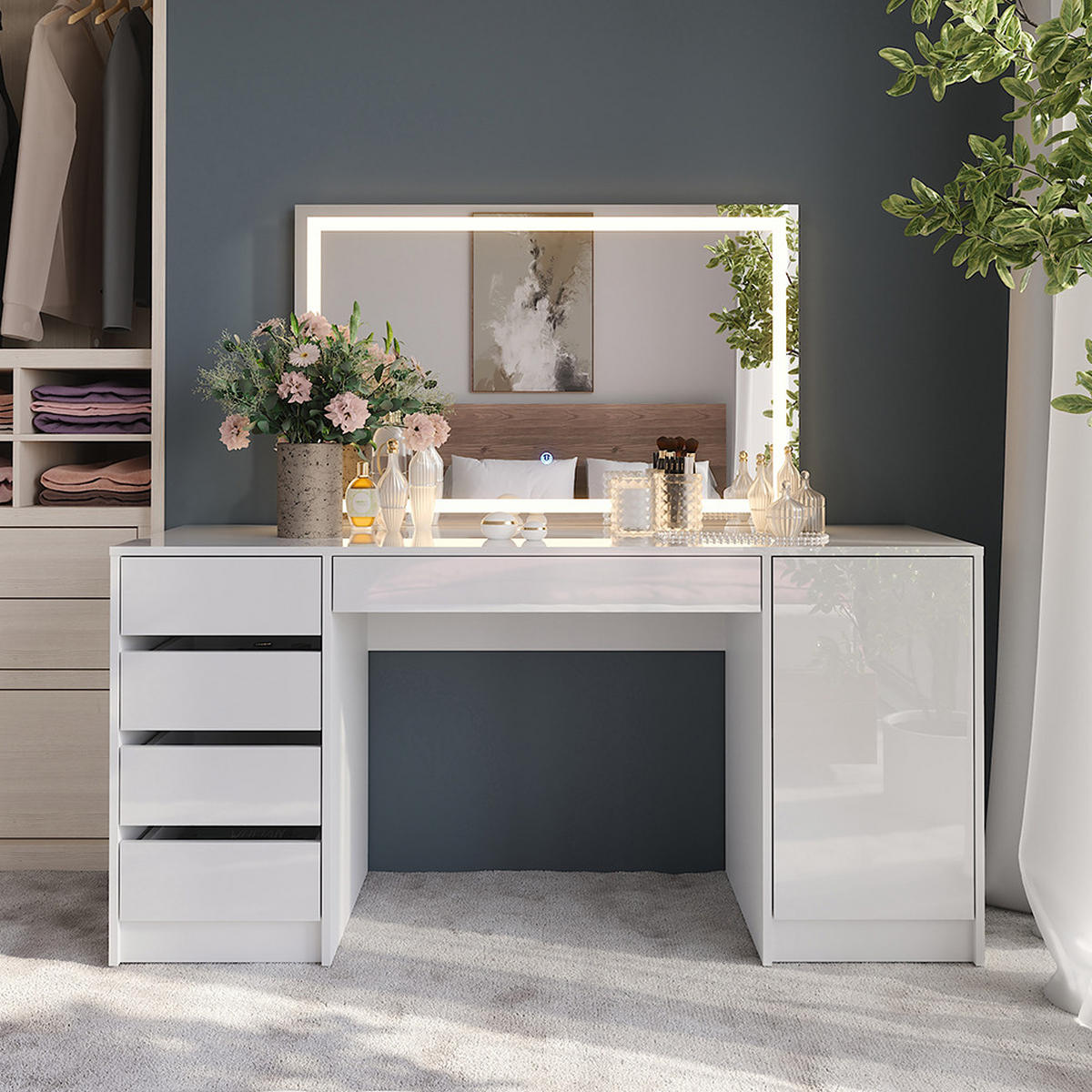 SCHMINKTISCH Sherry Weiß/Weiß Hochglanz 158.2 cm mit LED-Spiegel - Weiß Hochglanz, Holzwerkstoff (158.2/76/50.1cm) - Vicco