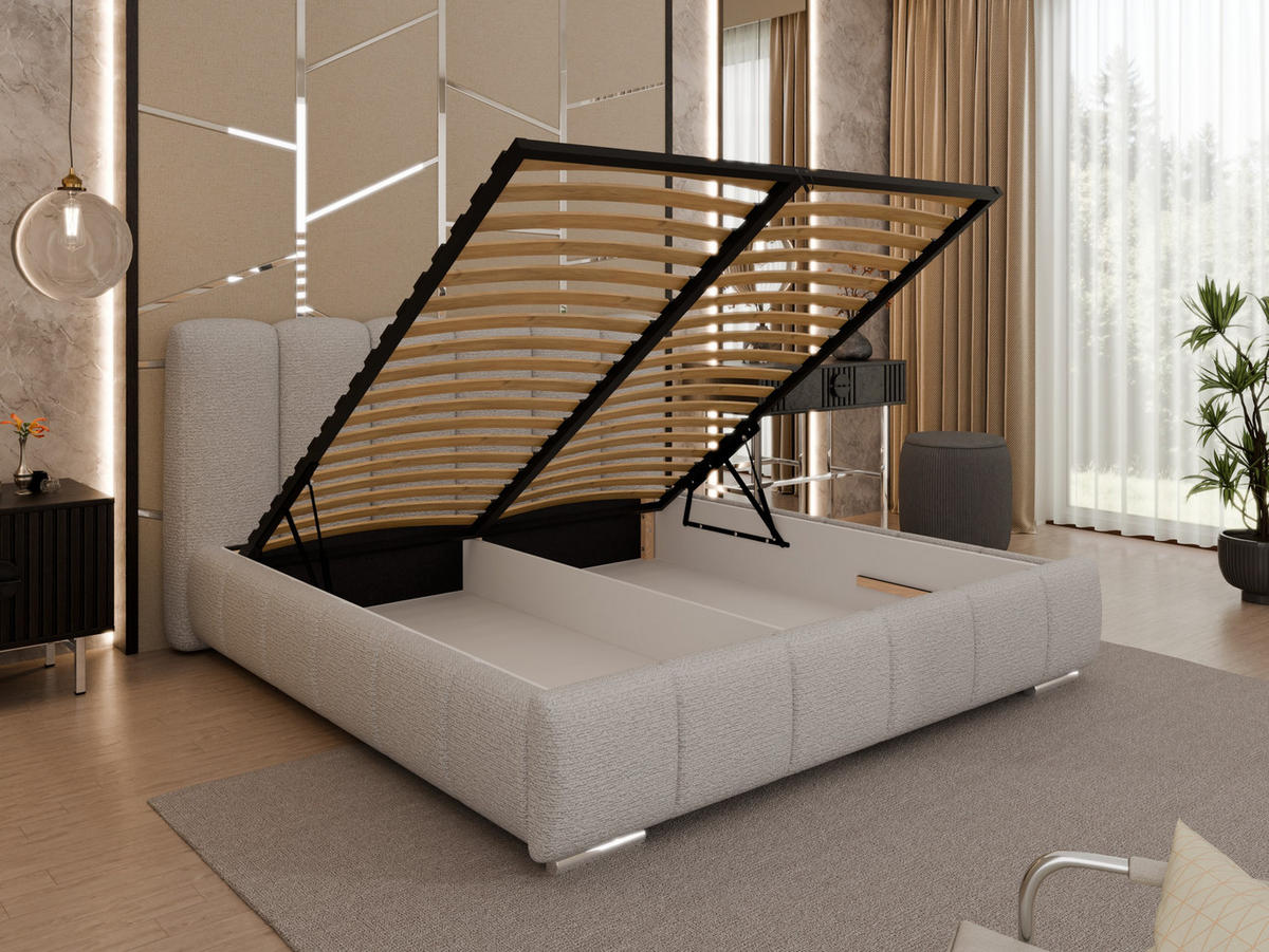 POLSTERBETT ZAIRA 180 x 200 cm mit Bettkasten und Lattenrost, 7-Zonen-Taschenfederkernmatratze CIRA (24 cm) – Dunkelbeige - Beige, Holz (180/200cm) - Panda Möbel