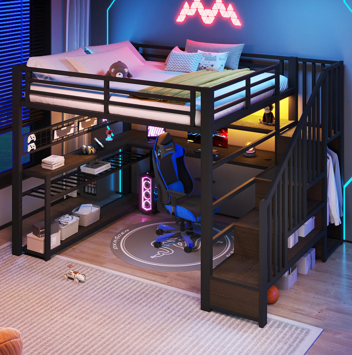 HOCHBETT 140/200 cm mit LED, Schreibtisch, Kleiderschrank und Stauraum - Schwarz, Metall (140/200cm) - MIVRAY