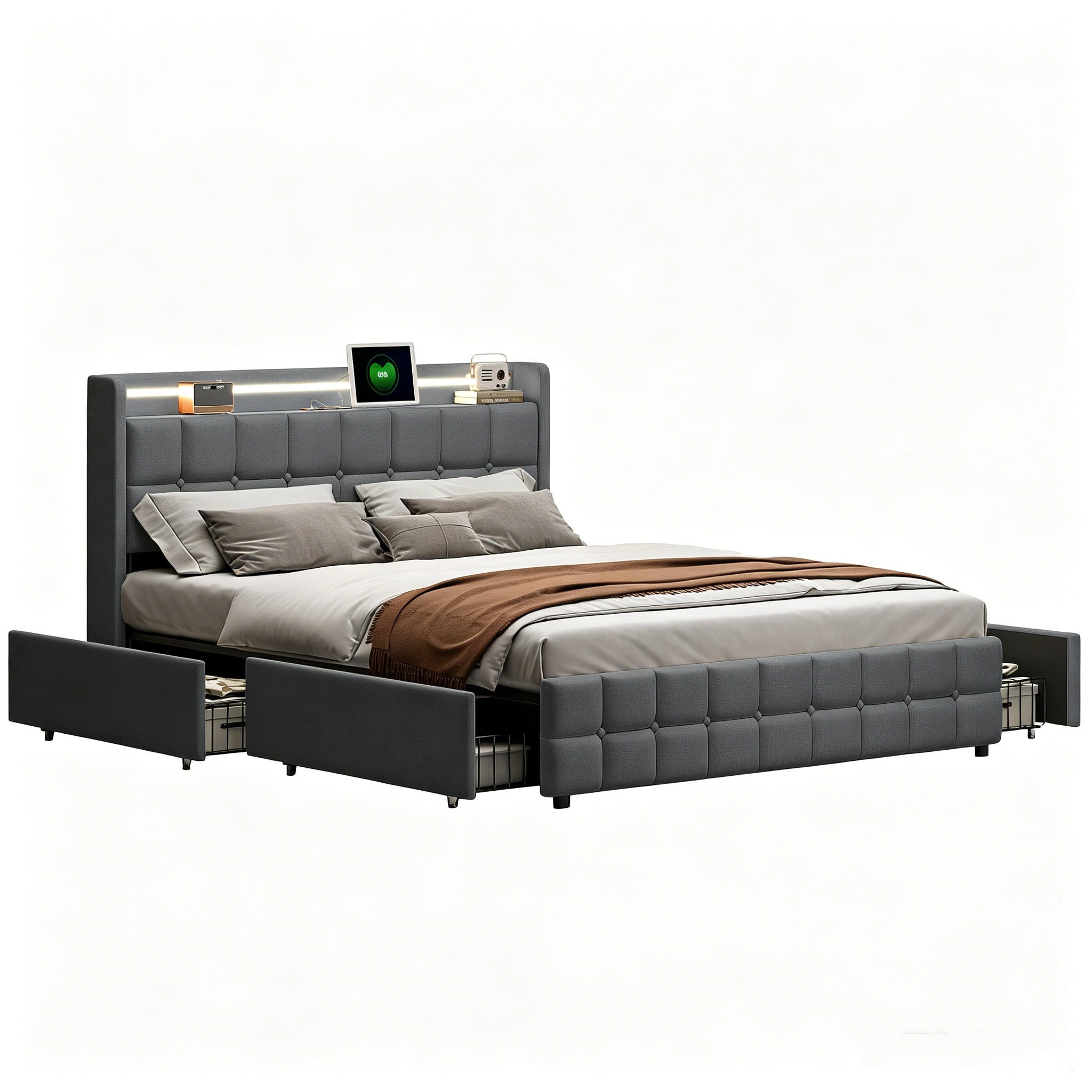 DOPPELBETT 160x200 cm mit Lattenrost und Schubladen, Polsterbett Grau ohne Matratze - Naturfarben/Grau, Holz/Metall (160/200cm) - PARAFTA HOME