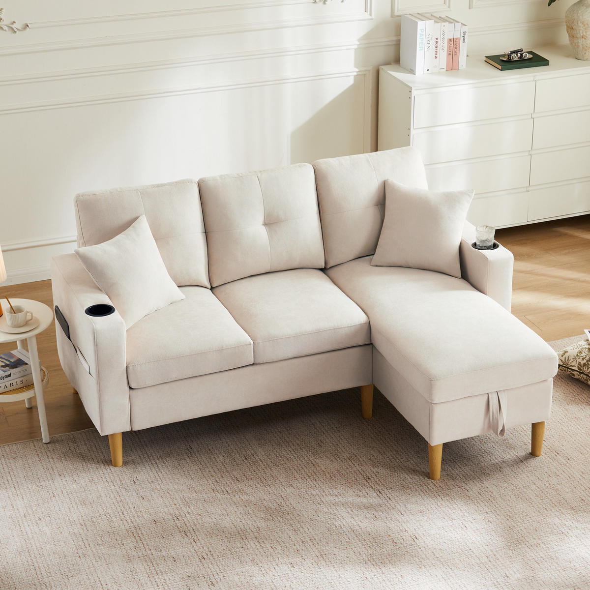 ECKSOFA Leinen Beige mit Stauraum, Getränkehalter und mit Kissen - Beige, Holzwerkstoff/Textil (175/129cm) - WISHDOR