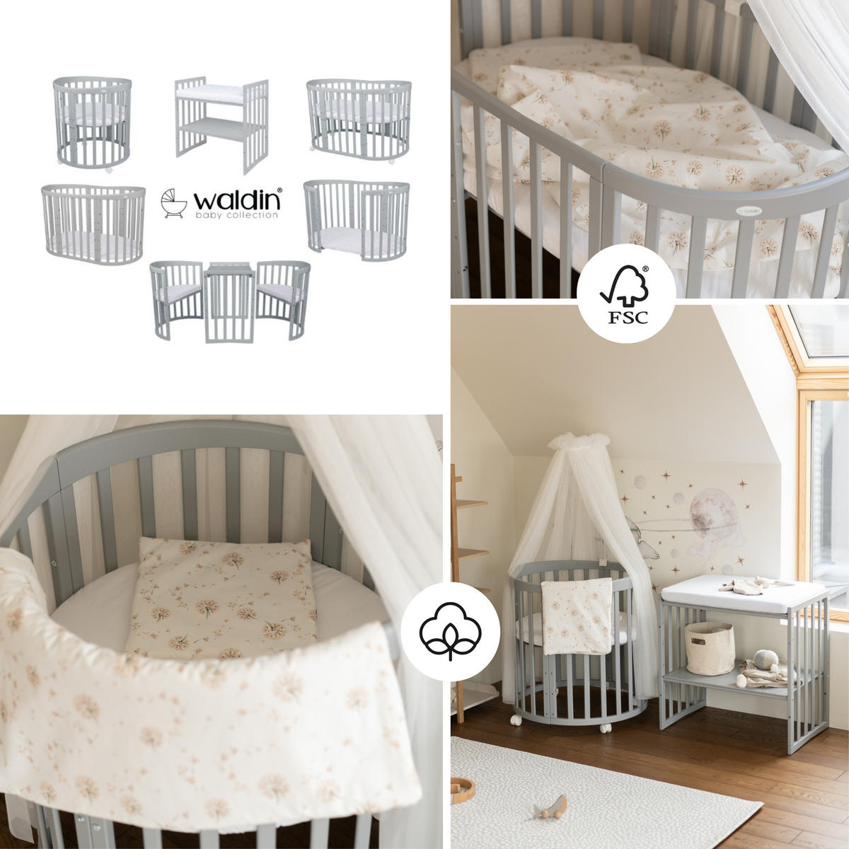 BABYBETT GREY OVAL 7in1 mit Matratze und Himmelset - Weiß/Braun, Holz/Textil