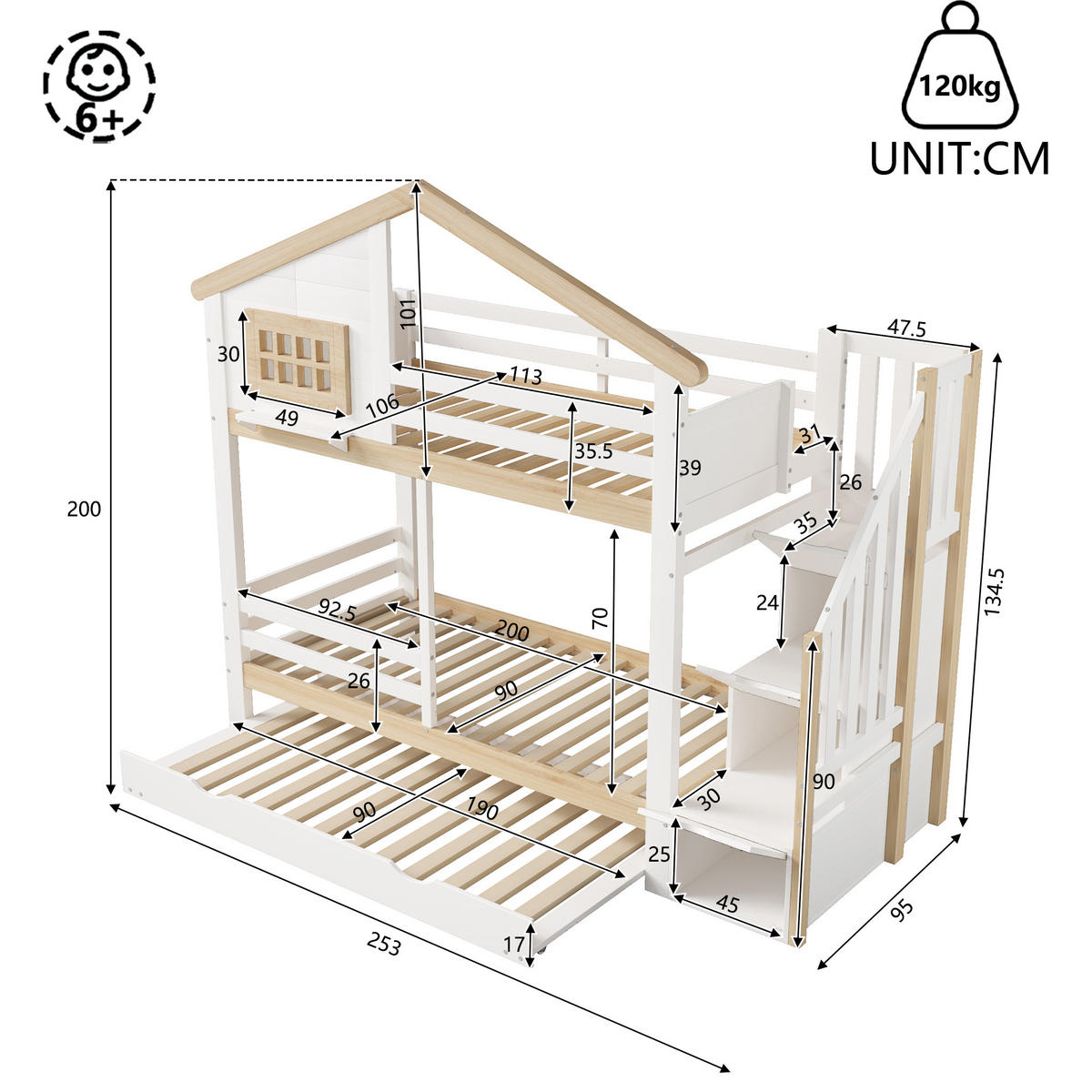 ETAGENBETT 90/200 mit Ausziehbett und Stauraumleiter in Weiß und Natur - Weiß/Naturfarben, Holz/Holzwerkstoff (90/200cm) - EVRYAE