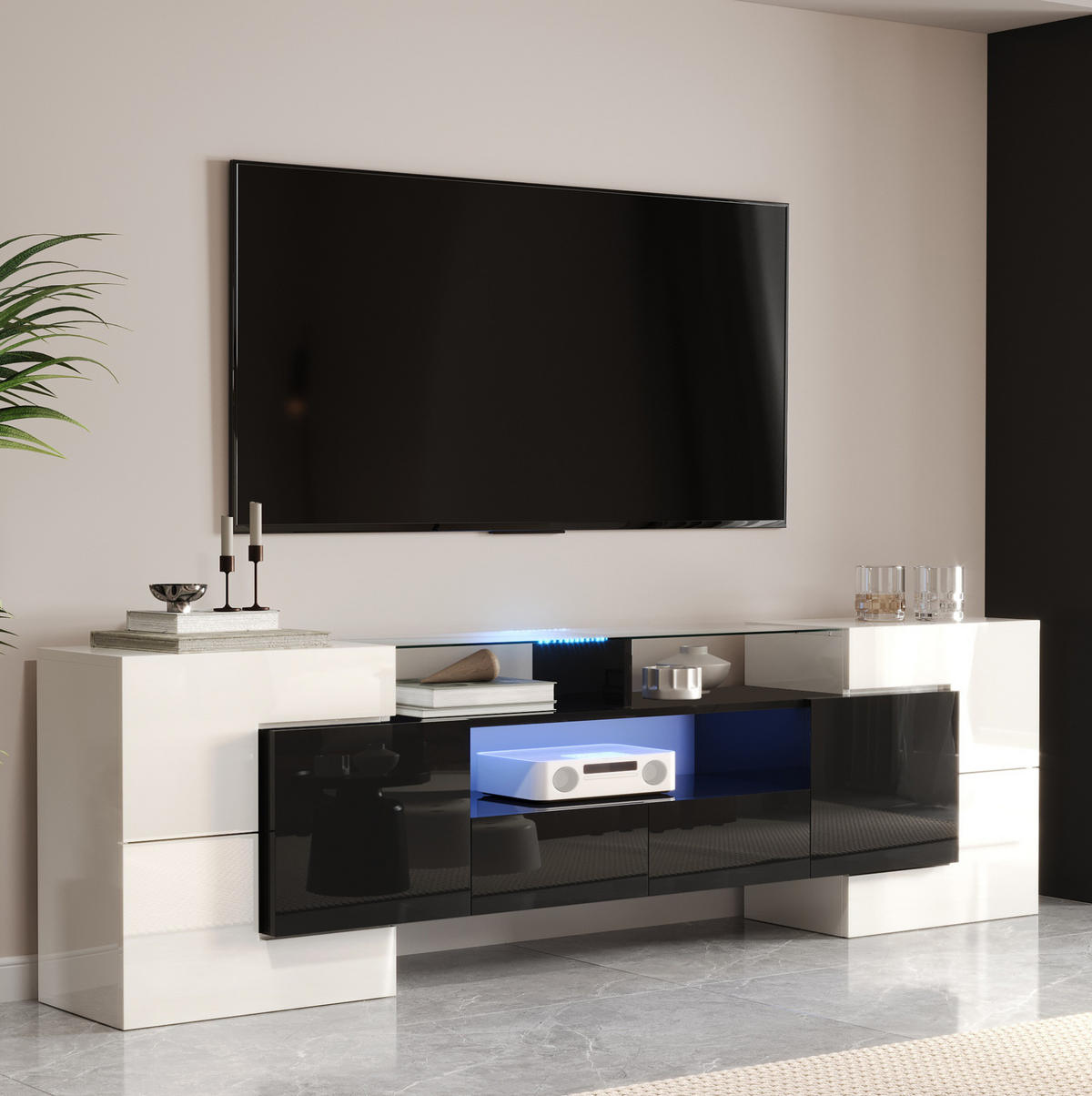 TV-BOARD aus Spanplatte 200x35x60 cm Weiß/Schwarz mit LED-Beleuchtung, viel Stauraum und Glasoptik - Schwarz, Holzwerkstoff (200/60/35cm) - Modfu