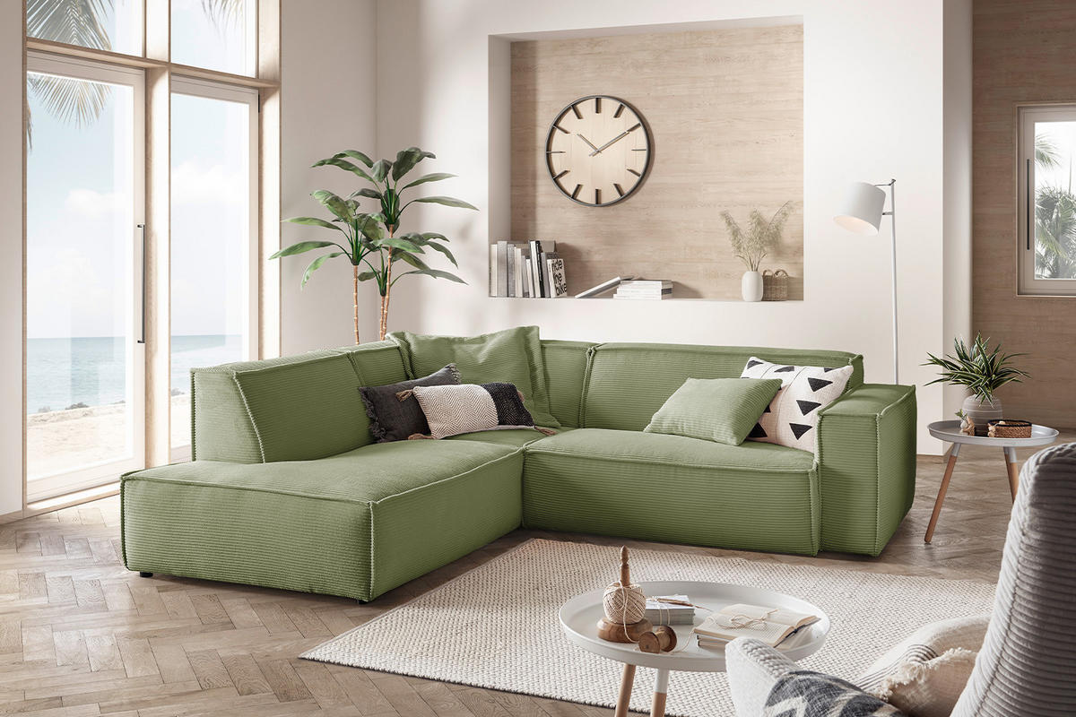 ECKSOFA SAMU Grün Cord - Schwarz/Olivgrün, Textil (254/224cm) - KAWOLA