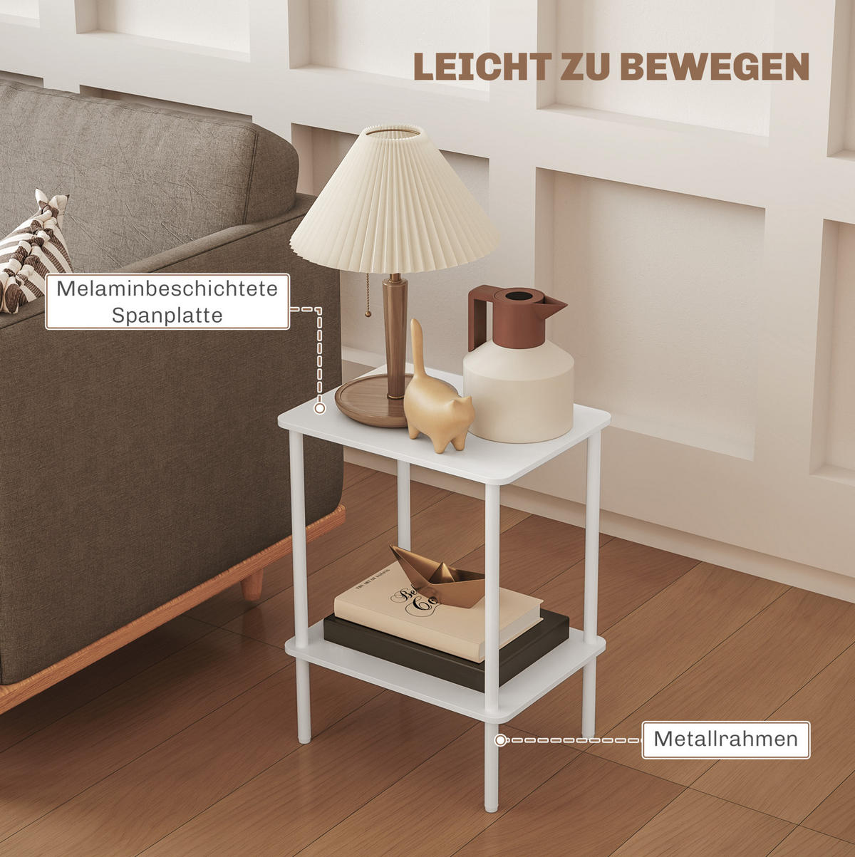 BEISTELLTISCH 40/30/52,2 cm in Weiß mit 2 Etagen und Metallgestell - Weiß, Holzwerkstoff (30/40/52.2cm) - BEAOK