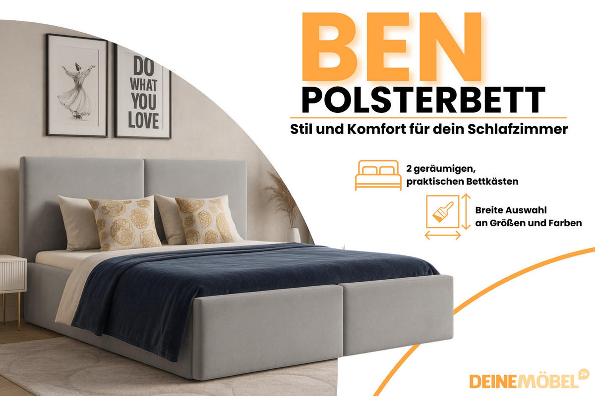 POLSTERBETT BEN 160/200 in Velours Grau - Grau, Holz/Holzwerkstoff (160/200cm) - Deine Möbel 24