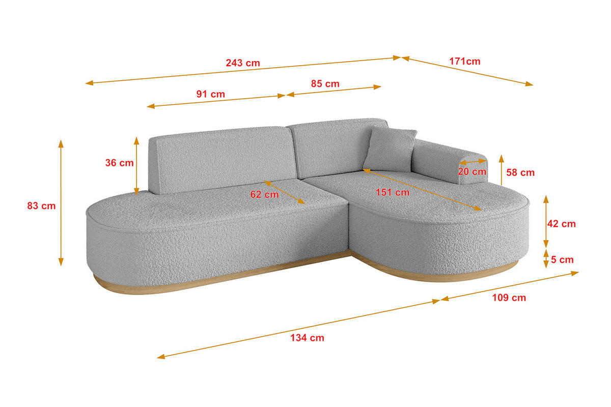 ECKSOFA Ottomane Rechts MARI-L1-v2 - 243x171x83 cm Hellgrau Bouclé - Hellgrau, Holzwerkstoff/Textil (171/243cm) - ALTDECOR