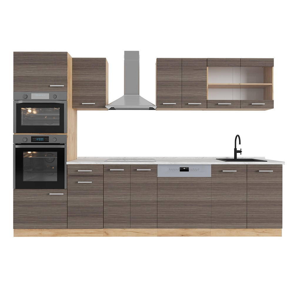 KUHINJSKI BLOK R-Line Plemenita siva/zlati hrast 300 cm z visoko omaro, DP Marmor - siva/medeni hrast, leseni material (300/81.6/60cm) - Vicco