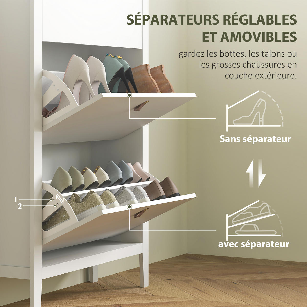 SCHUHSCHRANK,3 Klappschubladen herausnehmbare Böden für 21 Paar,weiß - Weiß, Holzwerkstoff (80/131/24cm) - Vallsero