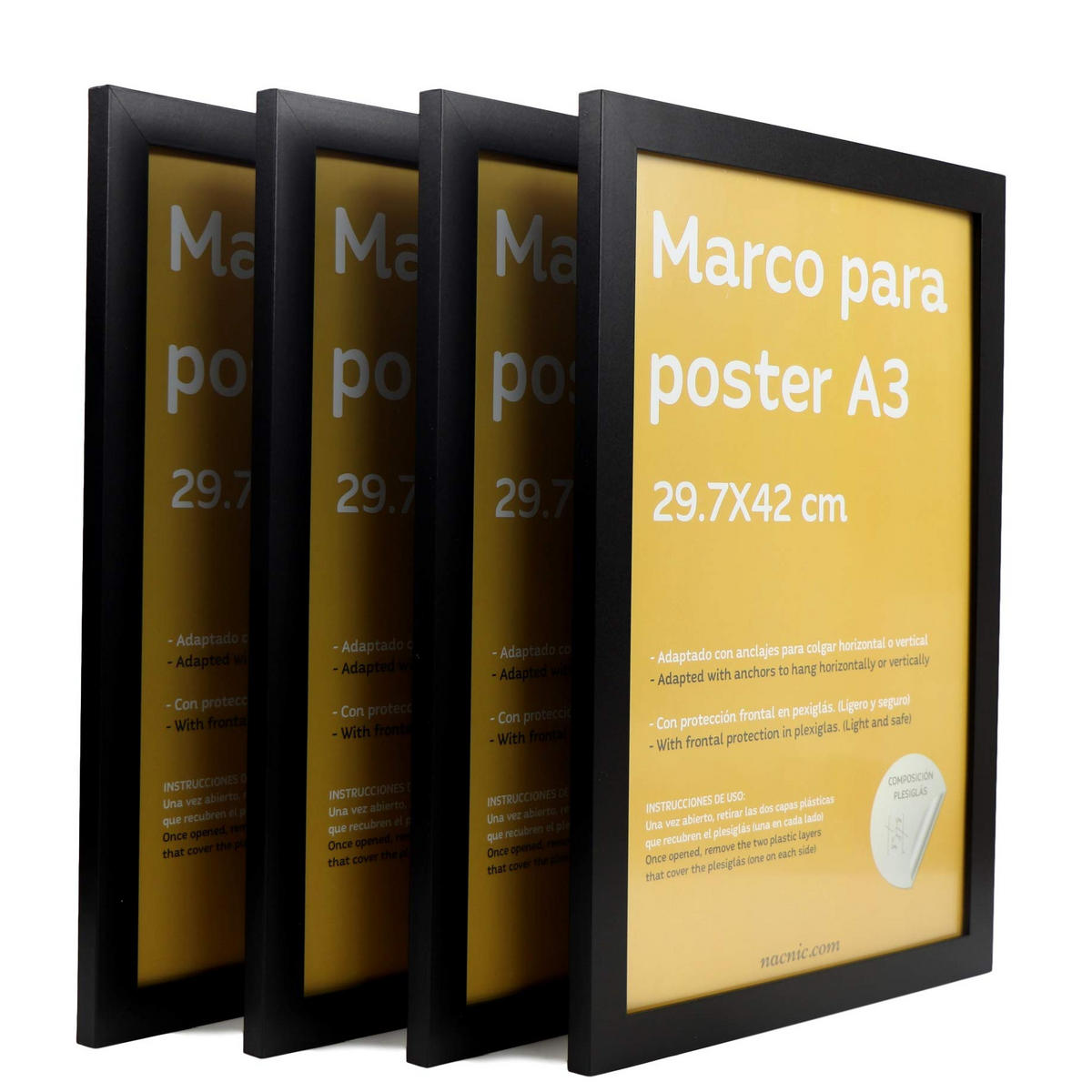 RAHMEN Set mit 4 aus MDF und Acrylglas Schutz und Aussteller für Fotografien, Bilder, Poster, Gemälde, Dekoration für Haus Farbe Schwarz A3 - Schwarz, Holz (29.7/3/42cm) - Nacnic