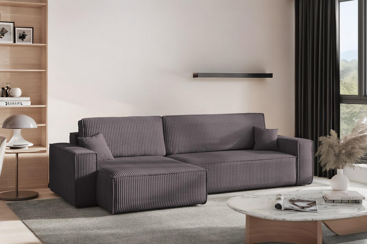 ECKSOFA Mit Schlaffunktion Und Bettkasten, Eckcouch BEST XL Stoff Poso Dicker Cord Dunkelgrau Links - Dunkelgrau/Schwarz, Holz/Kunststoff (142/274cm) - Kaiser Möbel