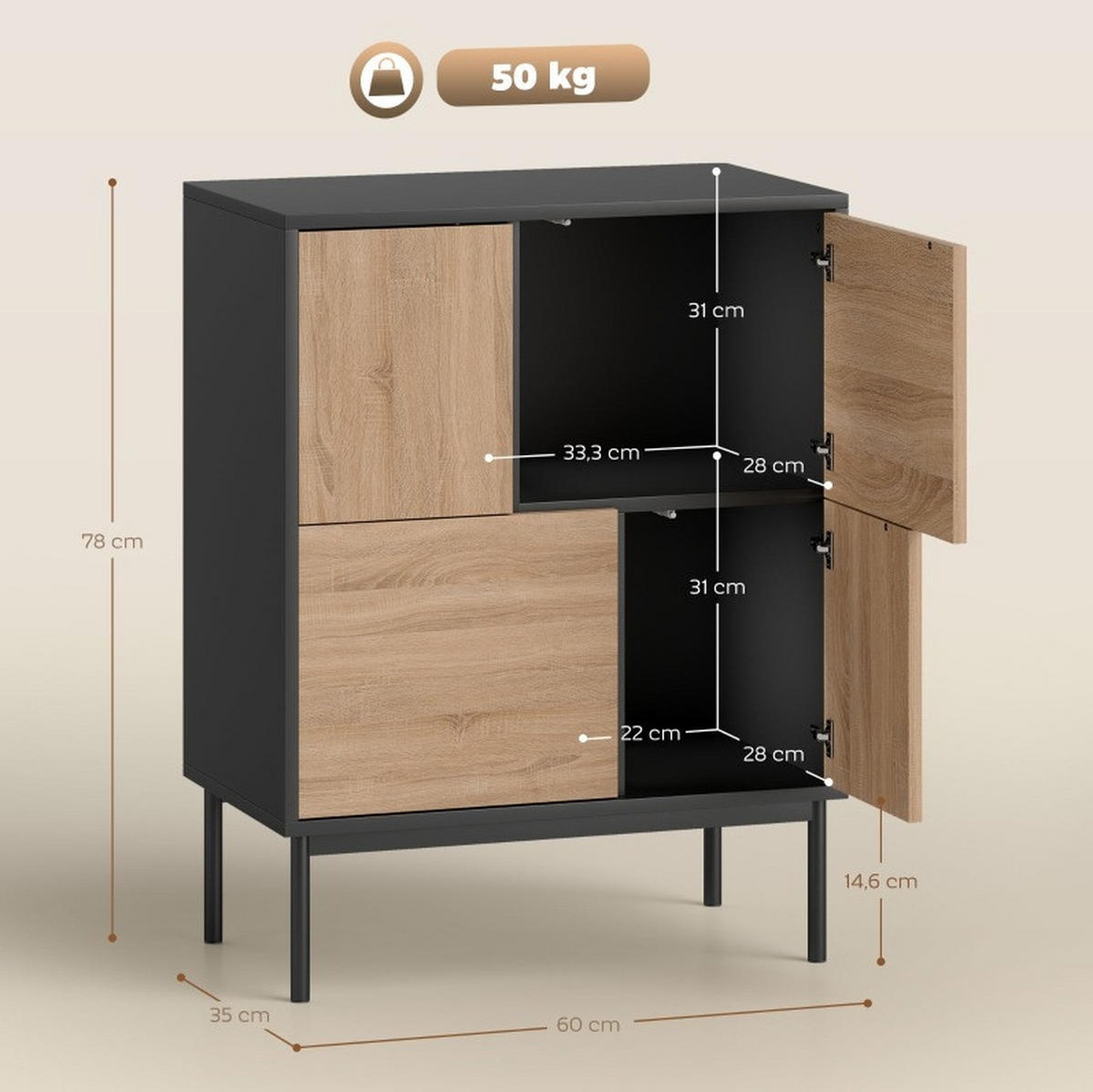 SIDEBOARD 60/35/78 cm schwarz aus Holz und Metall mit Push-to-open - Schwarz, Holz (60/78/35cm) - OKWISH
