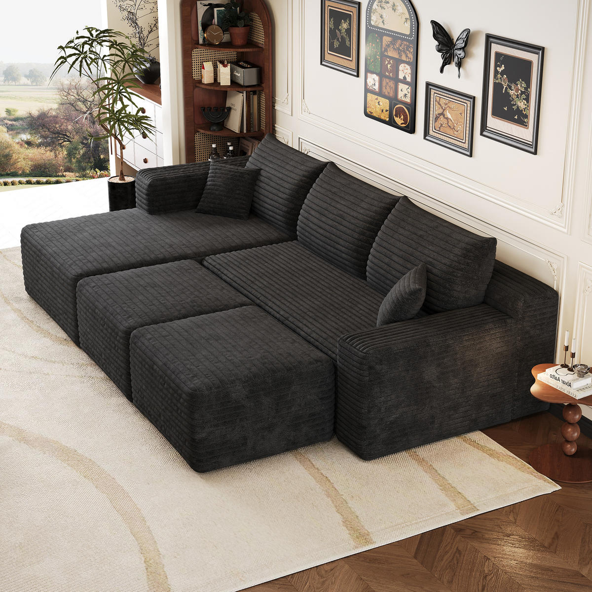 WOHNLANDSCHAFT Cord Schwarz ohne Montage - Schwarz, Textil (241/58/151cm) - WISHDOR