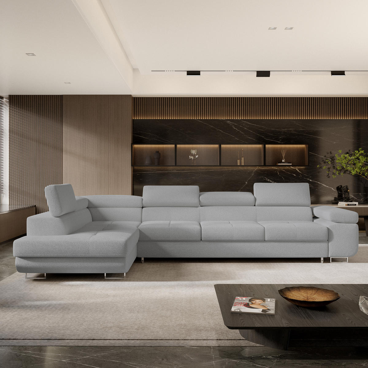 ECKSOFA VICENTE Hellgrau Boucle-Stoff mit Schlaffunktion - Hellgrau, Holz (346/202cm) - MASSENO