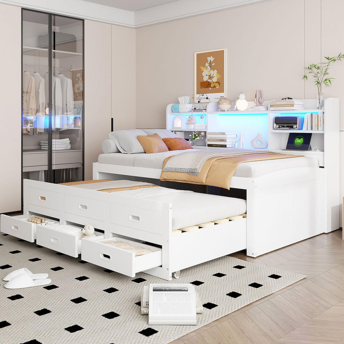 POLSTERBETT 90/200 cm Weiß aus Spanplatte und MDF mit LED und Ausziehbett - Weiß, Holzwerkstoff (90/200cm) - OKMYHOME