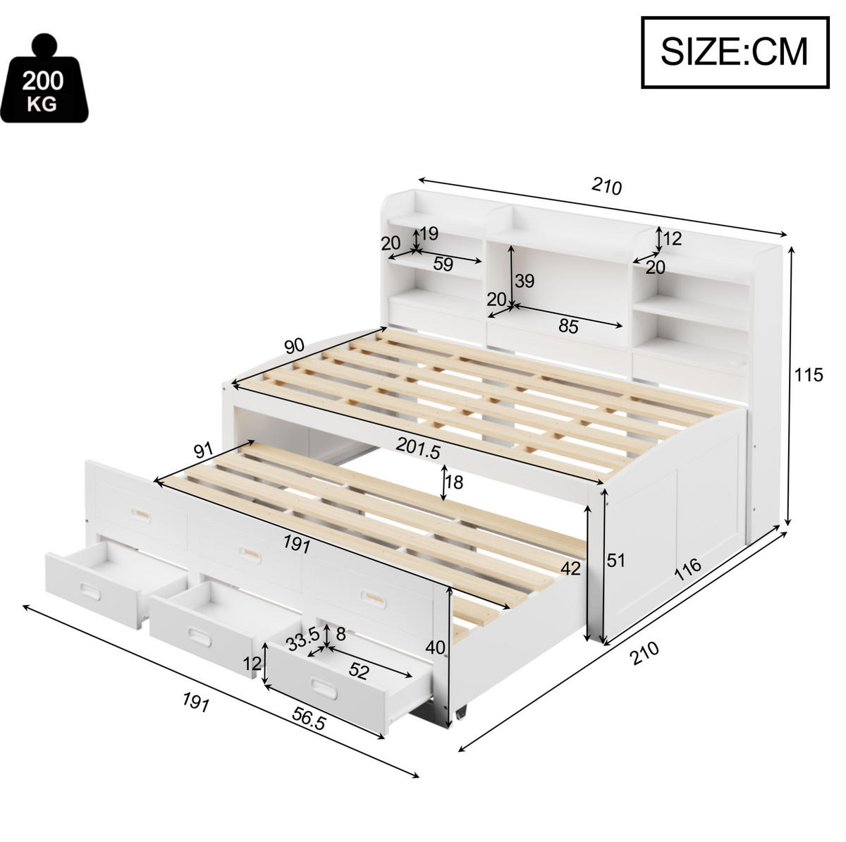 POLSTERBETT 90/200 cm in Weiß mit LED-Beleuchtung und USB- und Type-C-Anschlüssen - Weiß, Holzwerkstoff (90/200cm) - Flora Grace
