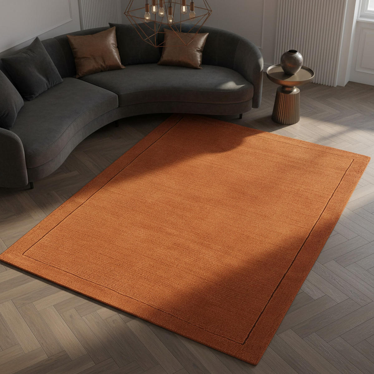 TEPPICH Schurwolle handgewebt mit Bordüre modern STOW, Terrakotta 160x230 cm - Orange, Textil (160/230cm) - KADIMA DESIGN