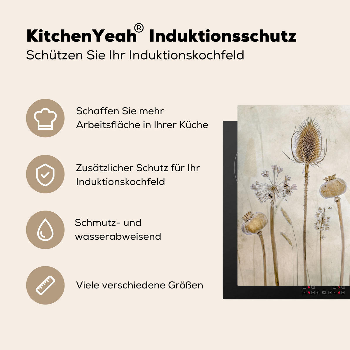 HERDABDECKPLATTE Blumen - Aquarell - Stilleben - Braun - Vintage 77x59 cm - Sandfarben, Kunststoff (77/59/0.2cm) - MuchoWow