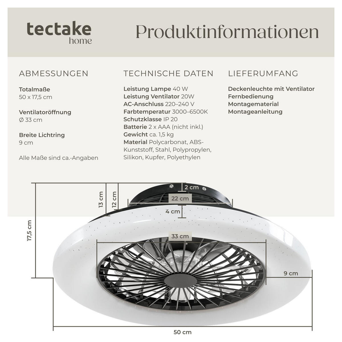 LED DECKENLEUCHTE MIT VENTILATOR Storm, Ø 50 cm, mit Fernbedienung, schwarz - Schwarz, Metall (50/50/17.5cm) - tectake