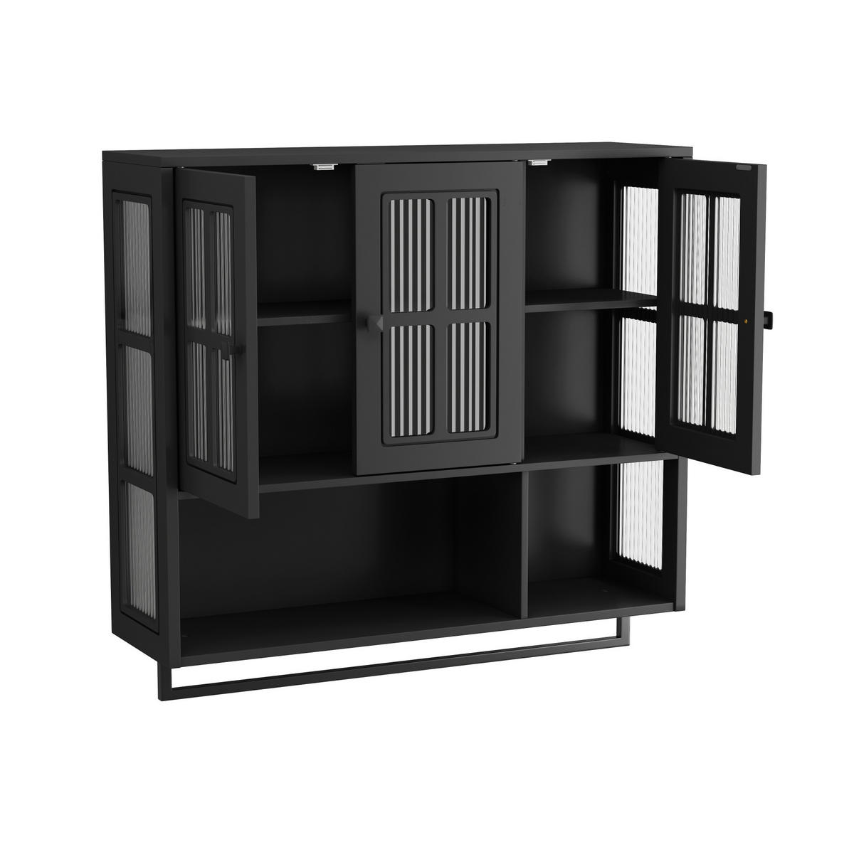 KÜCHENOBERSCHRANK 88/26/82,5 cm mit 3 Türen, offenen Fächern, verstellbaren Einlegeböden und Handtuchhalter, Schwarz - Schwarz, Holzwerkstoff (88/82.5/26cm) - Redom