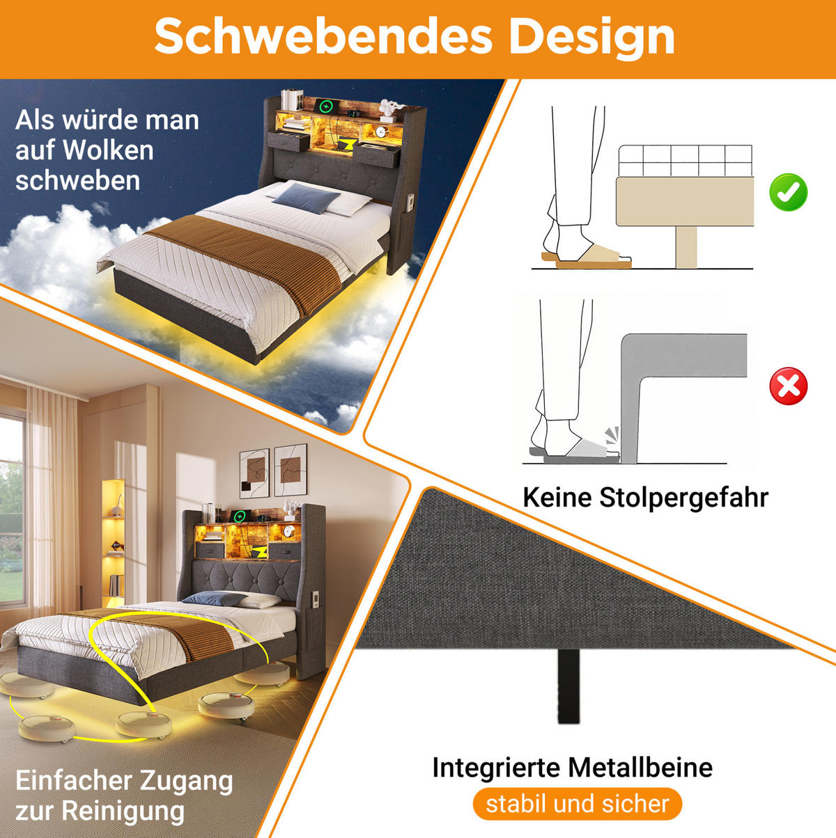POLSTERBETT 90/200 cm Grau mit LED-Beleuchtung und USB- und Type-C-Anschlüssen - Grau, Textil (90/200cm) - Flora Grace